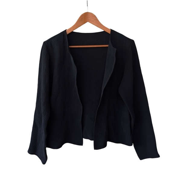 Eileen Fisher Silk Blend Wrinkle Textured Open Front Jacket Cardigan Black Small - Picture 3 of 5